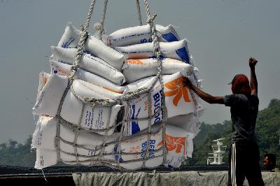 Pekerja menurunkan beras impor asal Vietnam untuk stok Bulog di Pelabuhan Indah Kiat, Merak, Cilegon, Banten, 31 Juli lalu.
ANTARA /Asep Fathulrahman
