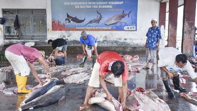 Sejumlah laki-laki memotong hiu di Tempat Pelelangan Ikan (TPI) Tanjung Luar, Kecamatan Keruak, Selong, Lombok Timur, Nusa Tenggara Barat.