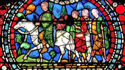 Gambar peziarah dalam perjalanan menuju Canterbury di jendela Katedral Canterbury, Inggris./wikipedia