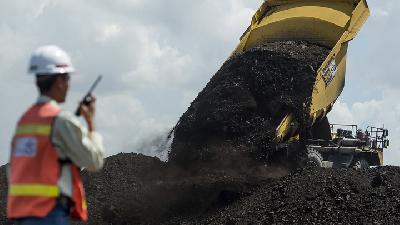 Petugas memantau heavy dump truck yang menurunkan batu bara di kawasan tambang milik Adaro, Tabalong, Kalimantan Selatan, Januari 2017./ ANTARA