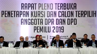 Rapat Pleno Terbuka Penetapan Kursi dan Calon Terpilih Anggota DPR DPD Pemilu 2019 di Kantor KPU, Jakarta, 31 Agustus 2019./TEMPO/Muhammad Hidayat