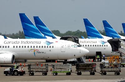 Pesawat Garuda Indonesia di Terminal 3 Bandar Udara Internasional Soekarno-Hatta, Tangerang.