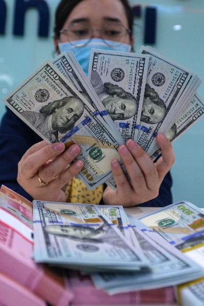 Karyawan bank mengitung uang 100 dollar amerika di Bank Mandiri Pusat, Jakarta, 17 Maret lalu. Tempo/Tony Hartawan