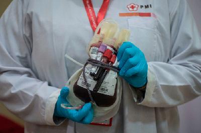 Petugas menunjukkan darah dari pendonor sukarela di Unit Tranfusi Darah Palang Merah Indonesia DKI Jakarta, di Jalan Kramat Raya, Jakarta, 30 April lalu. 
