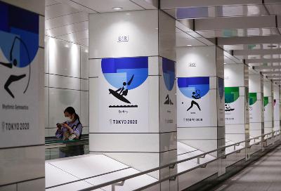 Salah satu sudut dekorasi Olimpiade Tokyo 2020 di Tokyo, Jepang, Jumat lalu.