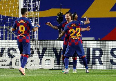 Lionel Messi merayakan gol ke gawang Leganes di Camp Nou, Barcelona, Spanyol, 16 Juni 2020. REUTERS/Albert Gea