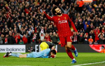 Mohamed Salah di Anfield, Liverpool, Inggris, 1 Februari 2020. REUTERS/Phil Noble