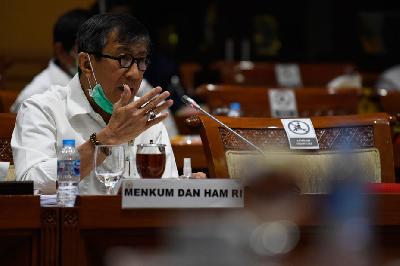 Menteri Hukum dan Hak Asasi Manusia Yasonna Laoly mengikuti rapat kerja bersama Komisi III DPR di Senayan, Jakarta, Senin lalu.
