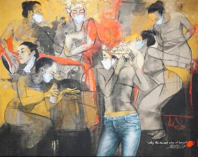Lukisan "When The Dancers Stay at Home"  karya Sunaryo  dalam pameran Artjog 2020 di Jogja National Museum, 8 Agustus 2020. TEMPO/Shinta Maharani