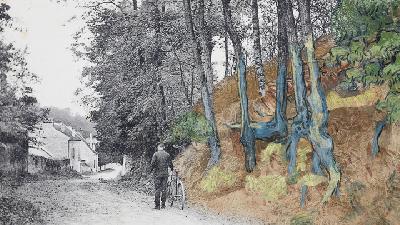 Foto kartu pos Rue Daubigny, Auvers-sur-Oise, pada 1905, digabung secara digital dengan lukisan Tree Roots karya van Gogh pada 1890. arthénon