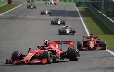 Pembalap Ferrari, Charles Leclerc and Sebastian Vettel  dalam Belgian Grand Prix di Spa-Francorchamps, Spa, Belgia, 30 Agustus 2020. REUTERS/Stephanie Lecocq