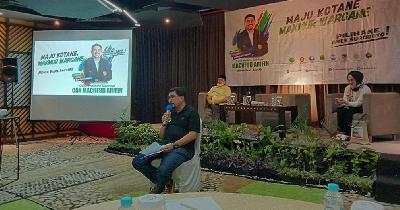 Machfud Arifin menyampaikan master plan jika dirinya terpilih sebagai wali kota pada Pilwali Surabaya 2020 di Hotel Mercure, Surabaya, 16 Juli 2020. Detik/Faiq Azmi