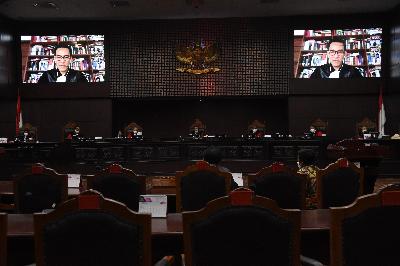 Suasana sidang permohonan uji materi undang-undang di gedung Mahkamah Konstitusi, Jakarta, 31 Agustus 2020. ANTARA/Indrianto Eko Suwarso