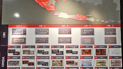 Deretan uang dari masa ke masa di ruang pameran Oeang Republik Indonesia (ORI) di Museum Bank Indonesia, Jakarta./Tempo/Tony Hartawan