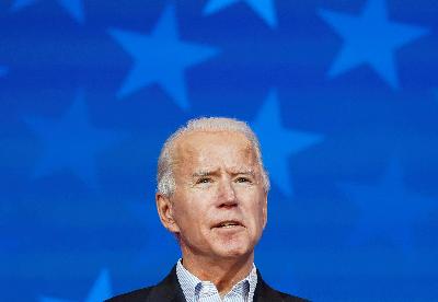 Calon presiden dari Partai Demokrat Amerika Serikat Joe Biden membuat pernyataan tentang hasil pemilihan presiden AS 2020 di Wilmington, Delaware, Amerika Serikat 5 November 2020. REUTERS / Kevin Lamarque