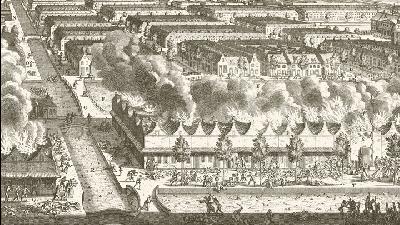 Ilustrasi yang menggambarkan pembantaian dan pembakaran rumah etnis Tionghoa di Batavia oleh Belanda pada 9 Oktober 1740. Wikipedia