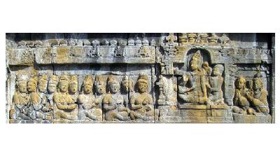 Babak pertama dari rangkaian cerita relief Lalitavistara, yang menggambarkan Bodhisattwa berada di surga dan menanti untuk dilahirkan kembali./Anandajoti/photodharm.net