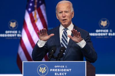 Presiden terpilih Amerika Serikat, Joe Biden, di Wilmington, Delaware, 10 November 2020.  REUTERS/Jonathan Ernst