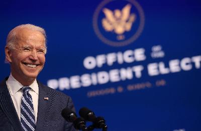 Presiden terpilih Amerika Serikat, Joe Biden, di Wilmington, Delaware, 10 November 2020. REUTERS/Jonathan Ernst