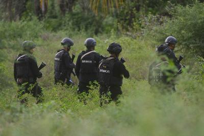 Personel Brimob Polri melakukan penyisiran pada lokasi yang diduga menjadi lokasi persembunyian terduga teroris di Kelurahan Mamboro, Palu Utara, Sulawesi Tengah, 7 November 2020. ANTARA/Mohamad Hamzah