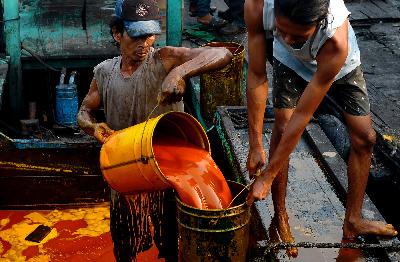 Bongkar muat minyak sawit mentah di Pelabuhan Cilincing, Jakarta. TEMPO/Tony Hartawan