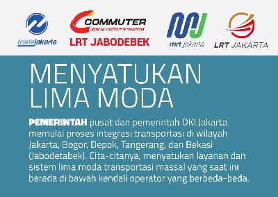 Pemerintah pusat dan pemerintah DKI Jakarta memulai proses integrasi transportasi di wilayah Jakarta, Bogor, Depok, Tangerang, dan Bekasi (Jabodetabek). Cita-citanya, menyatukan layanan dan sistem lima moda transportasi massal yang saat ini berada di bawah kendali operator yang berbeda-beda.