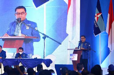Moeldoko menyampaikan pidato perdana saat Kongres Luar Biasa (KLB) Partai Demokrat di The Hill Hotel Sibolangit, Deli Serdang, Sumatera Utara, 5 Maret 2021. ANTARA/Endi Ahmad