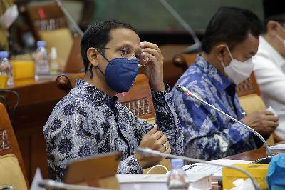 Menteri Pendidikan dan Kebudayaan Nadiem Makarim di Kompleks Parlemen Senayan, Jakarta, 10 Maret 2021. TEMPO/M Taufan Rengganis