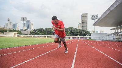 Sprinter Muhammad Zohri training at the Madya Stadium, Bung Karno Sports Complex, May 2019.
Antara/Muhammad Adimaja
