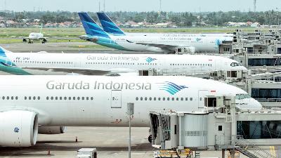 Deretan pesawat Garuda Indonesia di Terminal 3 Bandara Internasional Soekarno-Hatta, Tangerang, Banten, Februari 2020. TEMPO/Hilman Fathurrahman W