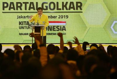 Ketua Umum Partai Golkar Airlangga Hartarto berpidato saat penutupan Musyawarah Nasional (Munas) X Partai Golkar di Kuningan, Jakarta, 5 Desember 2019. TEMPO/M Taufan Rengganis