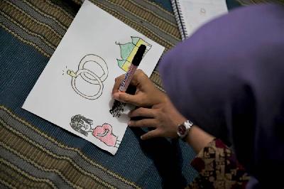 Ilustrasi seorang anak menggambar tentang pernikahan anak. Dok UNICEF Indonesia/2015/Nick Baker