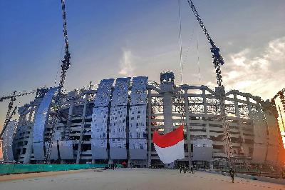 Suasana pembangunan Jakarta International Stadium (JIS) di Tanjung Priok, Jakarta, 16 Agustus 2021.  TEMPO/Hilman Fathurtahman W