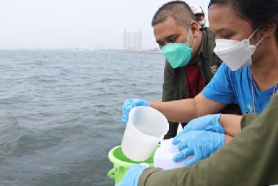 Dinas Lingkungan Hidup DKI Jakarta mengambil sampel untuk menguji kandungan parasetamol di Teluk Jakarta, 3 Oktober 2021. Dok. Dinas LH DKI Jakarta