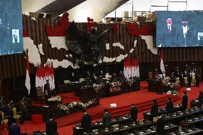 Suasana sidang tahunan MPR dan Sidang Bersama DPR-DPD di Gedung Nusantara, Kompleks Parlemen, Senayan, Jakarta, Senin, 16 Agustus 2021. TEMPO/M Taufan Rengganis