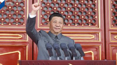 Xi Jinping menyampaikan pidato penting dalam sebuah upacara peringatan 100 tahun berdirinya Partai Komunis China (Communist Party of China/CPC) di Beijing, ibu kota China, pada 1 Juli 2021. (Xinhua/Ju Peng)