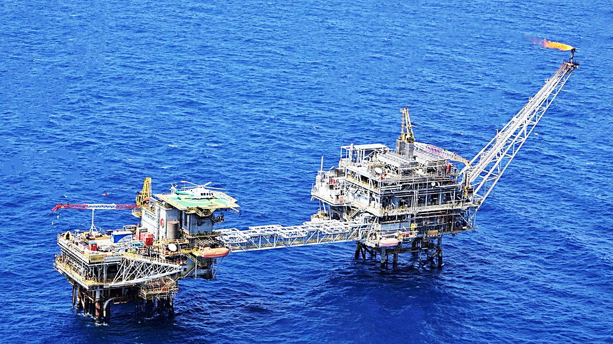 Aerial photo of oil drilling rigs at the Gajah Baru and Anoa facilities owned by Premier Oil in Natuna Sea Block A, Natuna Waters. harbourenergy.com