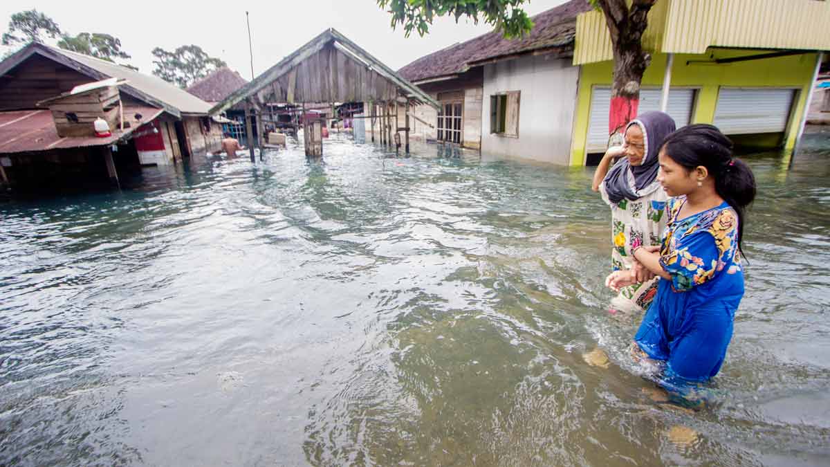 Warga melintasi banjir yang melanda Desa Banua Raya di Kabupaten Tanah Laut, Kalimantan Selatan, 11 Januari 2021/ANTARA/Bayu Pratama S