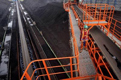 Pekerja memeriksa pasokan batu bara di Pembangkit Listrik Tenaga Uap (PLTU) Pelabuhan Ratu, Sukabumi, Jawa Barat. TEMPO/Tony Hartawan