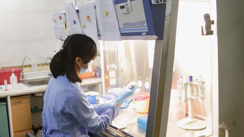 Peneliti sedang memeriksa kadar antibodi netralisasi di Laboratarium Lembaga Eijkman, Jakarta,  17 November 2020. TEMPO/M Taufan Rengganis