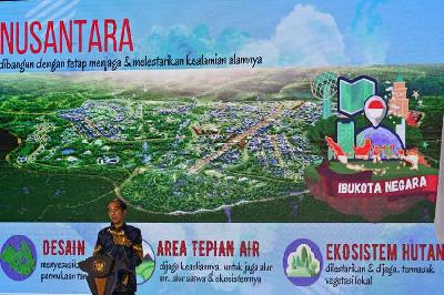 Presiden Joko Widodo menyampaikan paparan tentang pembangunan Ibu Kota Negara (IKN) Nusantara di sela peresmian gedung Nasdem Tower di Jakarta, 22 Februari 2022. ANTARA/Aditya Pradana Putra