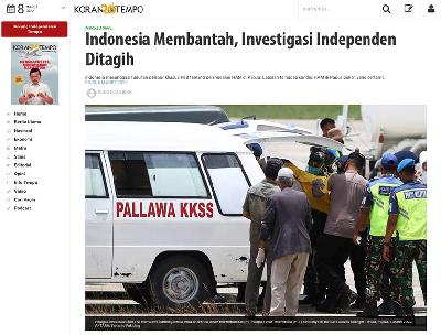 Tangkapan layar pemberitaan "Indonesia Membantah, Investigasi Independen Ditagih" yang dimuat dalam Koran Tempo, edisi 8 Maret 2022. Dok. Koran Tempo