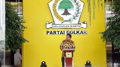Ketua Umum Partai Golkar Airlangga Hartarto memberikan sambutan dalam perayaan HUT Partai Golkar ke-57 di Jakarta, 20 Oktober 2021. TEMPO/M Taufan Rengganis