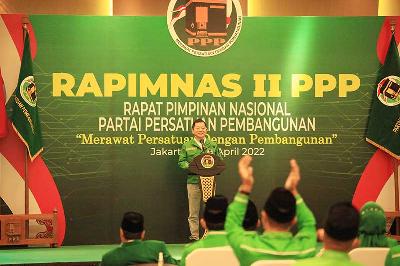 Ketua Umum DPP Partai Persatuan Pembangunan  (PPP) Suharso Monoarfa saat Pembukaan Rapat Pimpinan Nasional Partai Persatuan Pembangunan (PPP) II di Jakarta, 15 April 2022. ANTARA/Reno Esnir