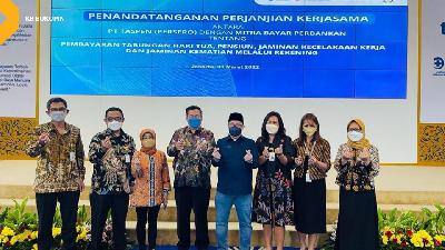 Penandatanganan Perjanjian Kerjasama Antara PT Taspen (Persero) dengan Mitra Bayar Perbankan Tentang Pembayaran Tabungan Hari Tua, Pensiun, Jaminan Kecelakaan Kerja dan Jaminan Kematian Melalui Rekening, Jakarta, 31 Maret 2022.