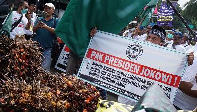 Sejumlah petani kelapa sawit menggelar aksi unjuk rasa di Patung Kuda Arjuna Wijaya, Jakarta, 17 Mei 2022. Tempo/Magang/Cristian Hansen