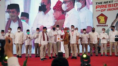 Kader Gerindra Sumatera Barat mendeklarasikan mendukung Prabowo Subianto sebagai Capres 2024, di Hotel Truntum, Padang,  Sumatera Barat, 26 Maret 2022. DETIK.COM/Jeka