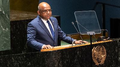 President of 76th General Assembly Abdulla Shahid speaks during a memorial for former United States Secretary of State Madeleine Albright at the UN Headquarters in New York, May 17.
Lev Radin/Sipa USA/REUTERS
