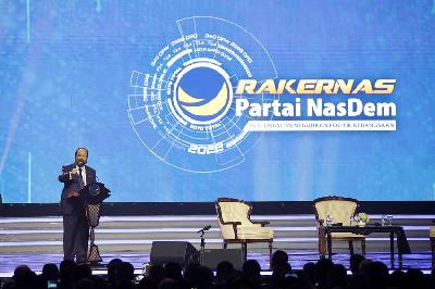Ketua Umum Partai NasDem Surya Paloh pada Rakernas Partai NasDem di Jakarta Convention Center, Jakarta, 17 Juni 2022. TEMPO/M Taufan Rengganis