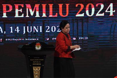 Ketua DPR Puan Maharani pada Peluncuran Tahapan Pemilu 2024 di Gedung Komisi Pemilihan Umum (KPU), Jakarta, 14 Juni 2022. ANTARA/Aditya Pradana Putra